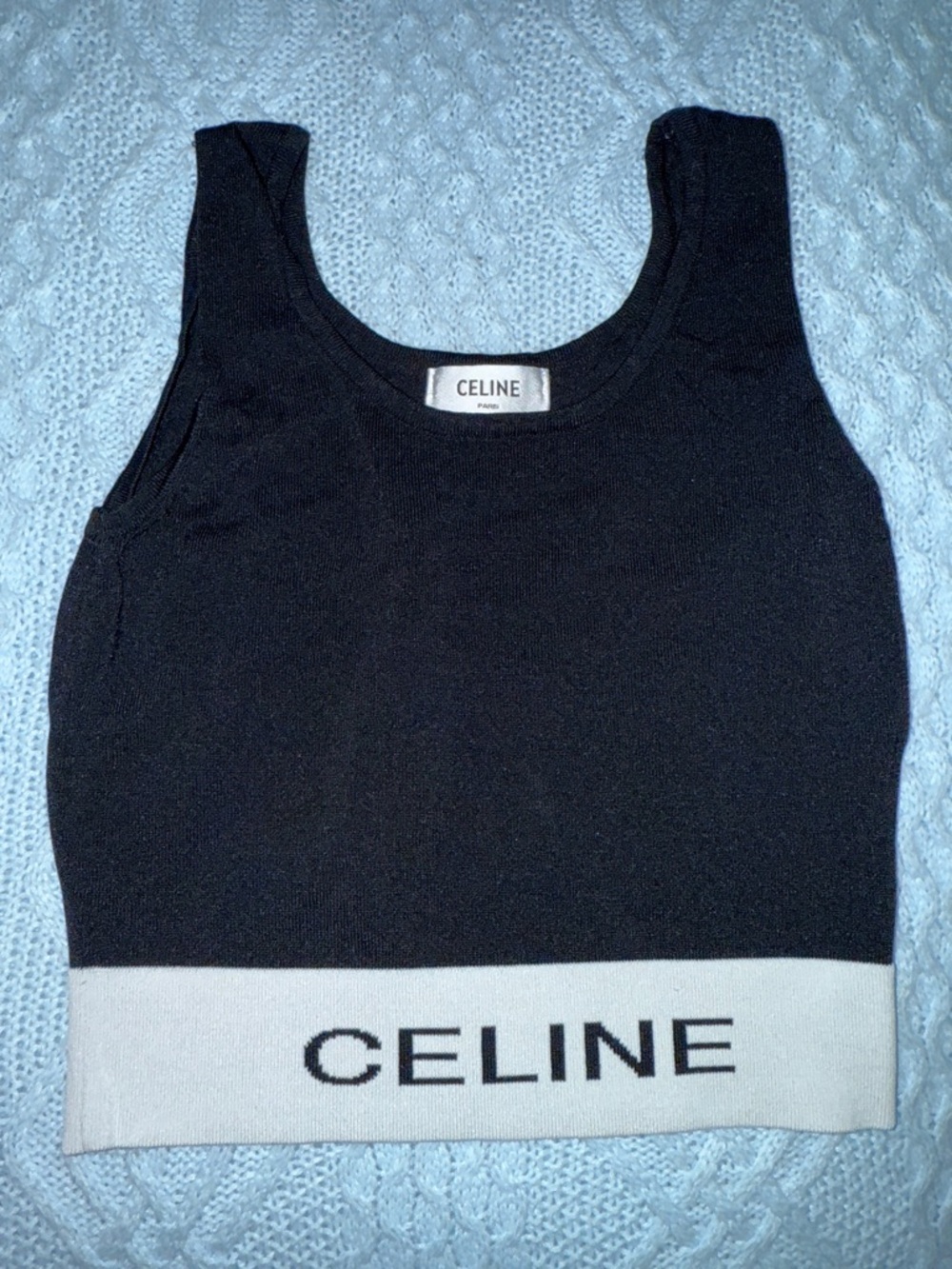 Celine Black Crop Logo Tank with White Band